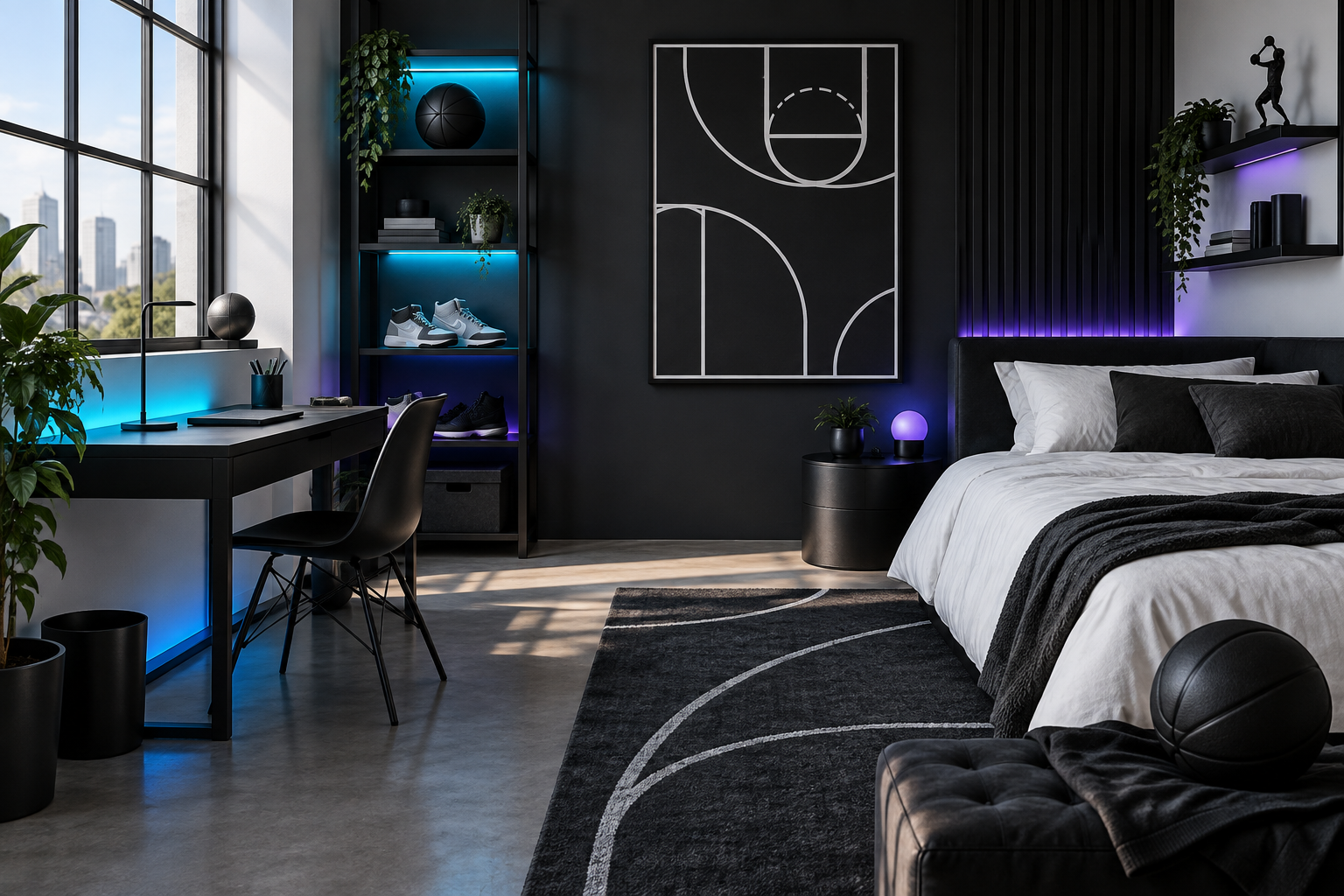 Basketball-inspired bedroom concept with charcoal furniture and cyan and violet lighting