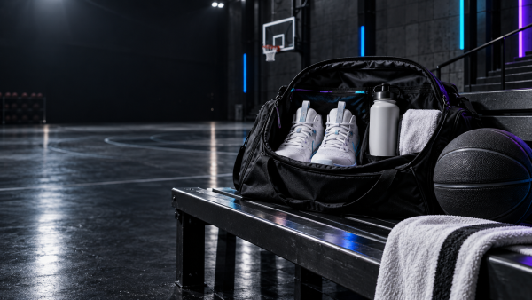 Game-day basketball bag with shoes, towel and drink bottle