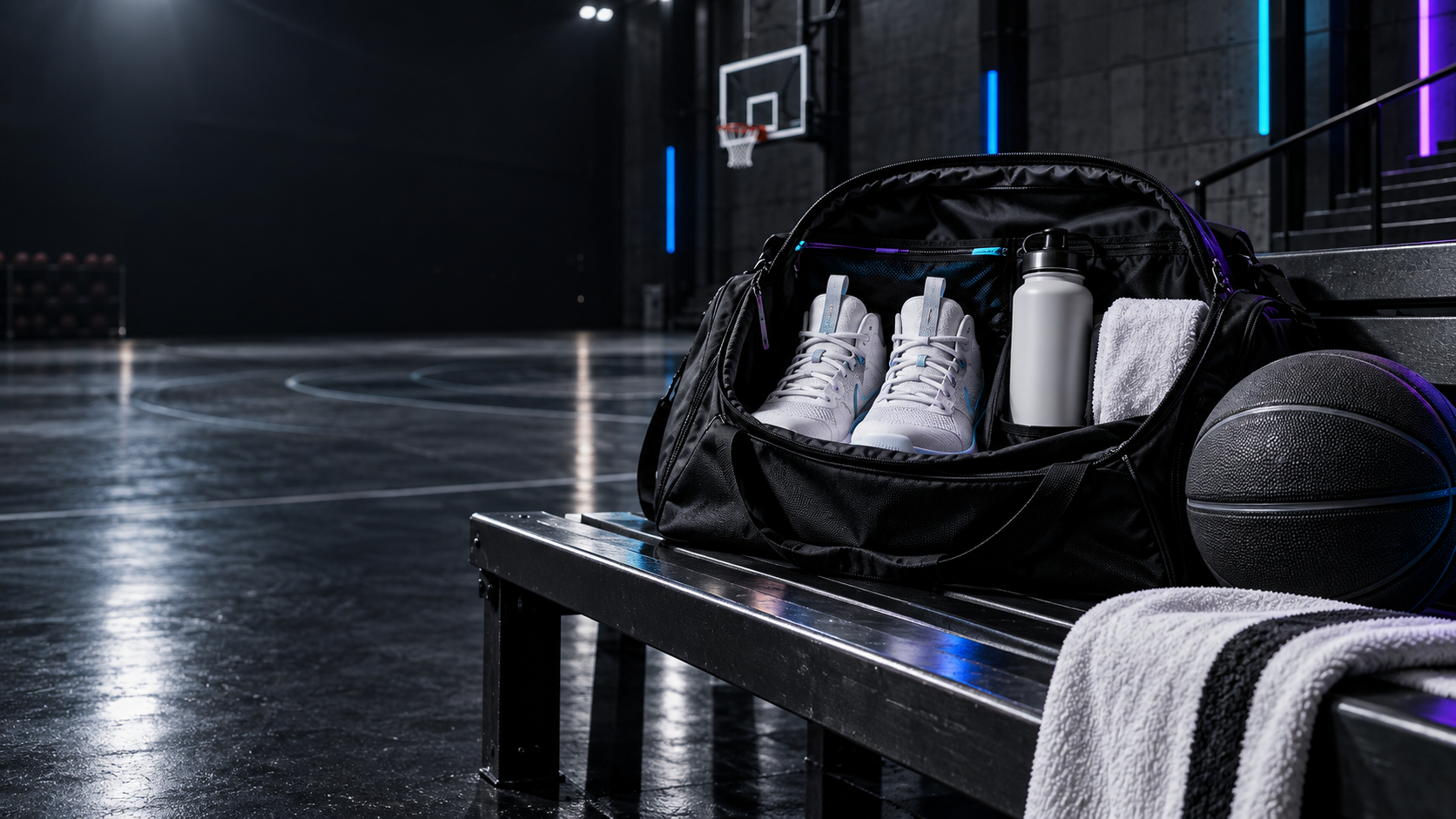 Game-day basketball bag with shoes, towel and drink bottle
