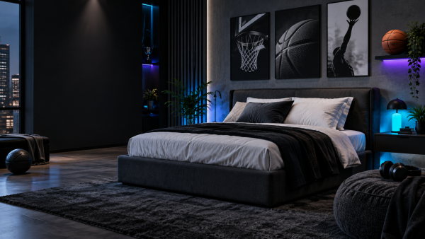 Basketball bedroom concept with monochrome wall art and cyan lighting