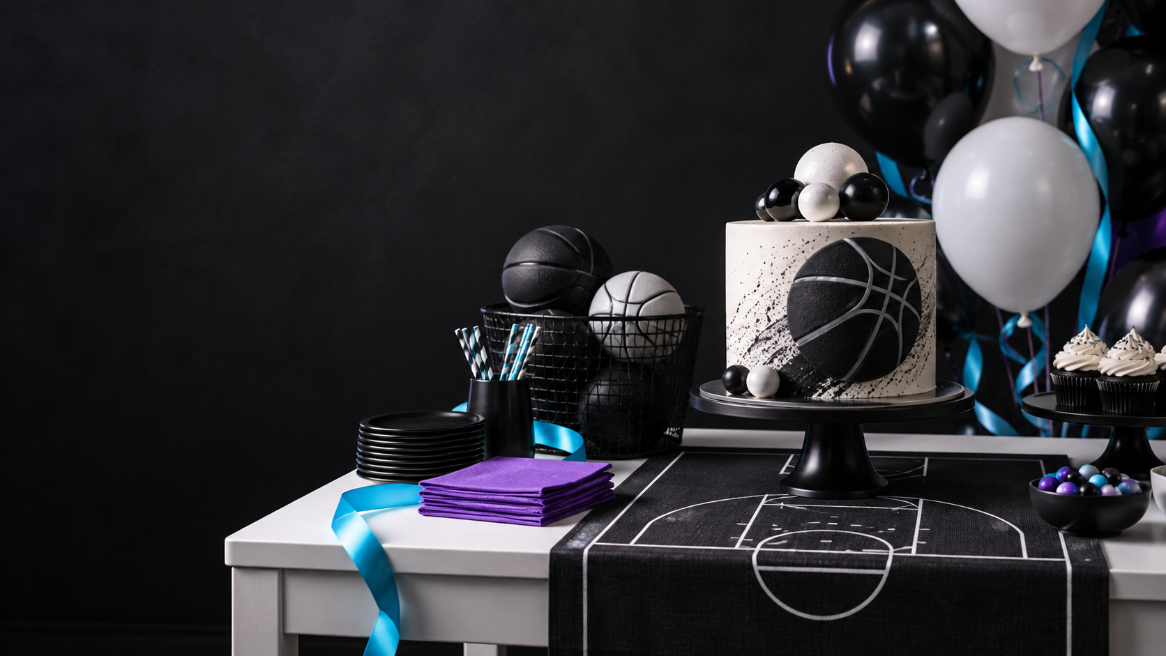 Basketball party concept with monochrome cake and cyan and violet decorations