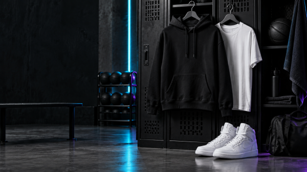 Black hoodie and white tee in a basketball locker-room concept