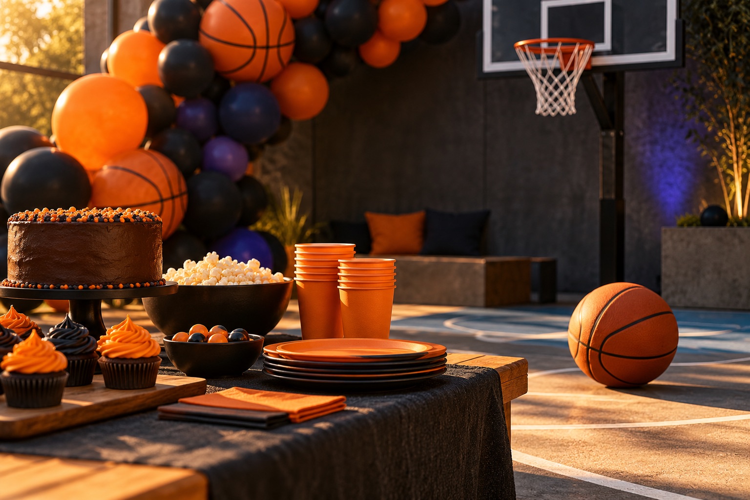 Generic orange and charcoal basketball-themed birthday activity setup