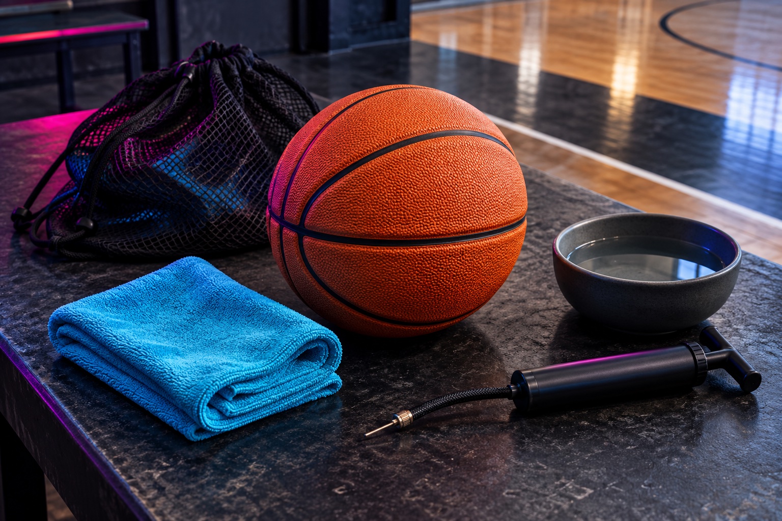 Basketball with a blue cleaning cloth, bowl, hand pump and mesh bag beside an indoor court.