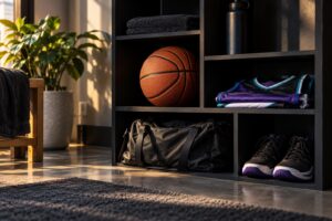 Small basketball gear corner with open cubbies, bag, ball and bottle
