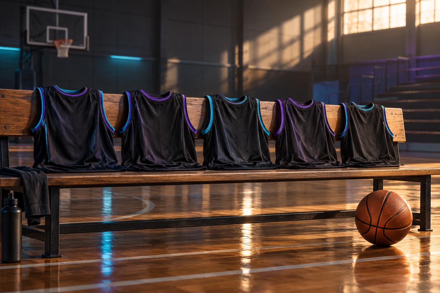 Five plain basketball jerseys arranged on a bench beside a basketball