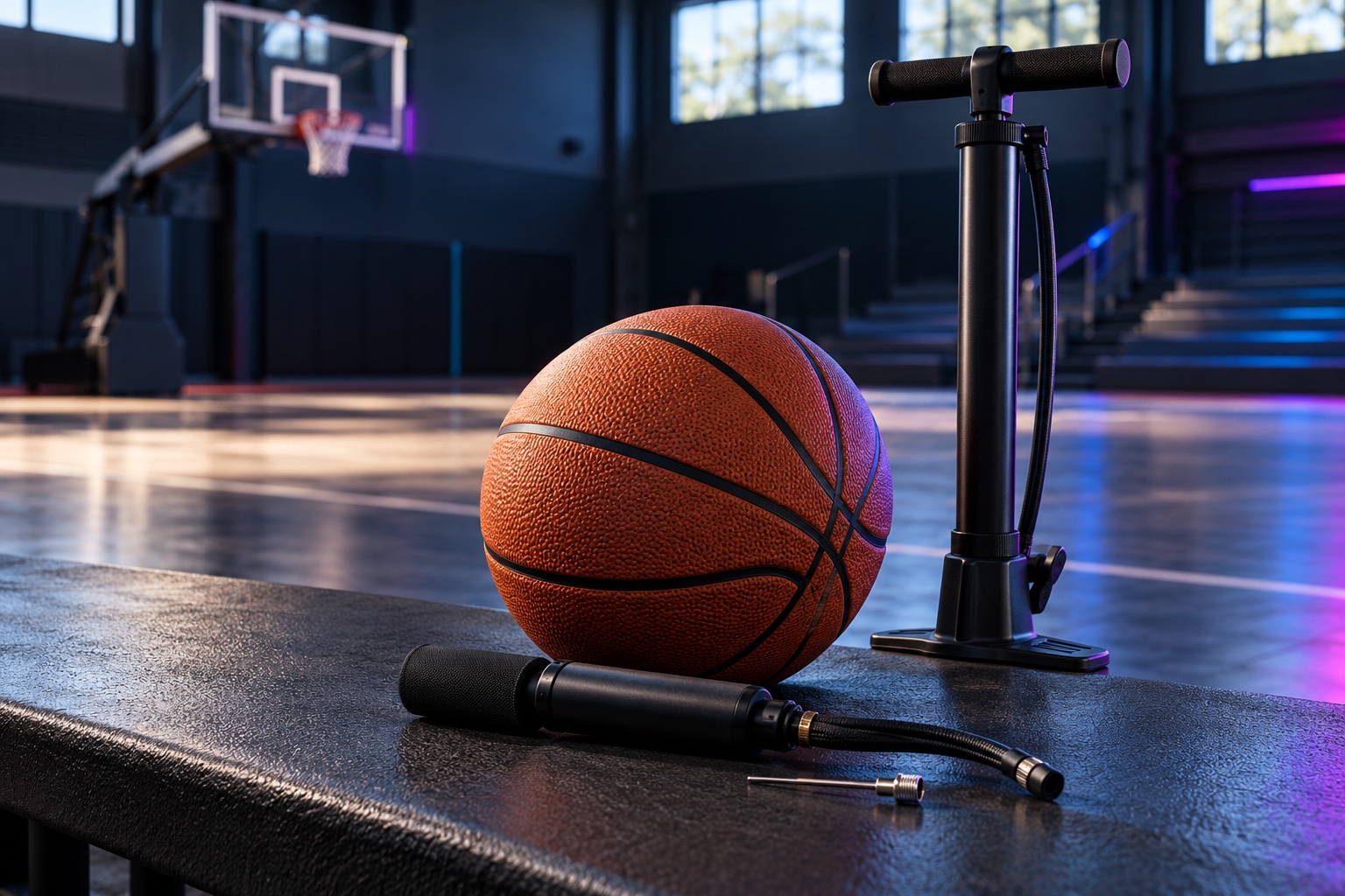Basketball beside an upright pump and a compact hand pump on an indoor court.