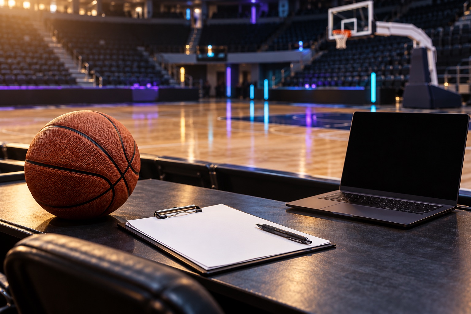 Blank scorer clipboard and pen beside a generic basketball court