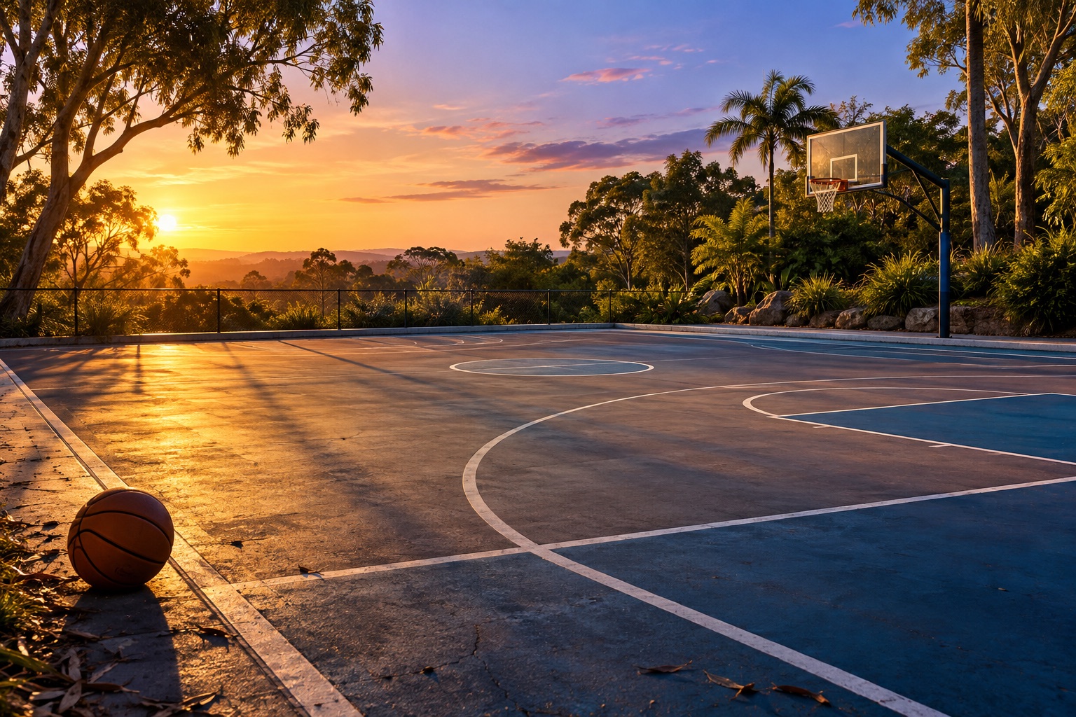 Illustrative outdoor basketball court surrounded by subtropical trees at sunset