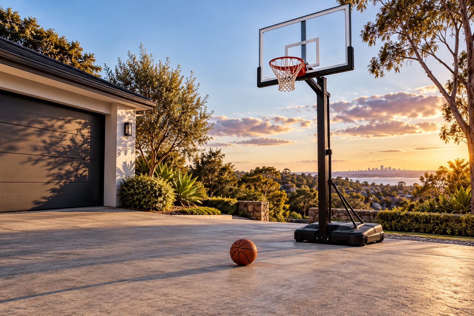 Illustrative generic portable basketball hoop beside a spacious residential driveway