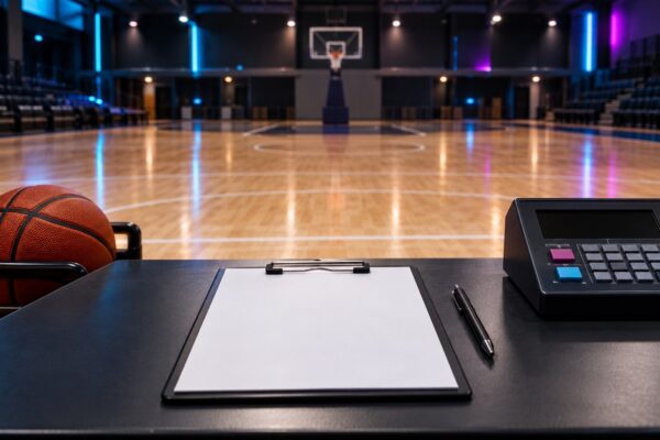 Clipboard, pen and scoring console on a scorebench overlooking an indoor basketball court.