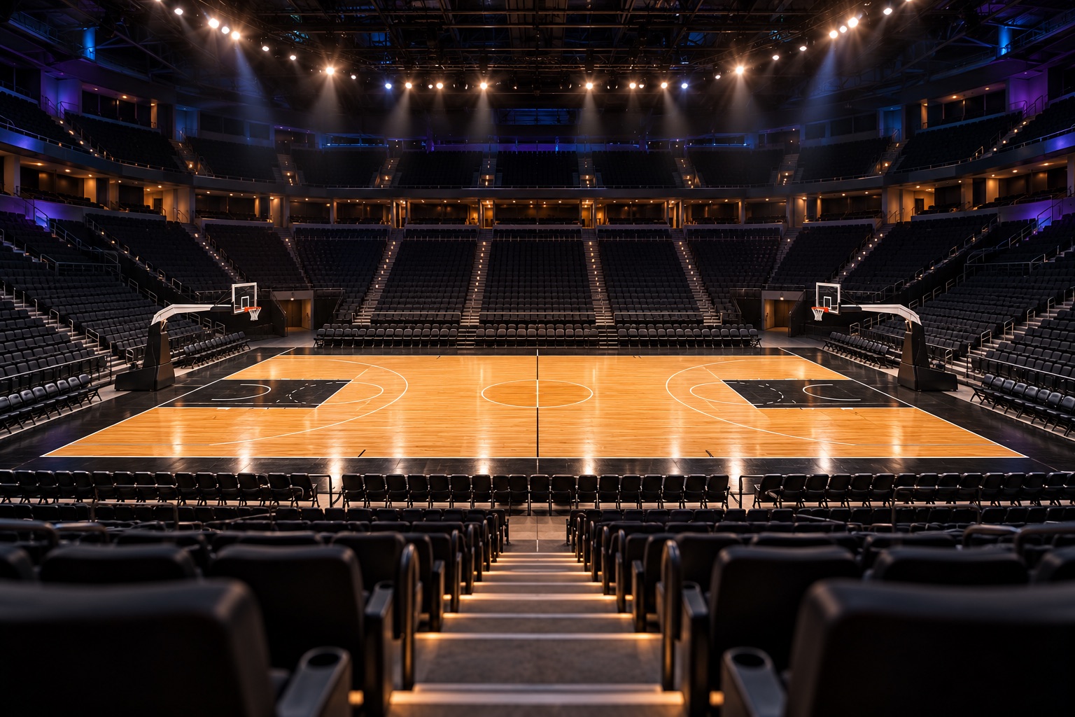 Generic indoor basketball arena viewed from spectator seats before a game