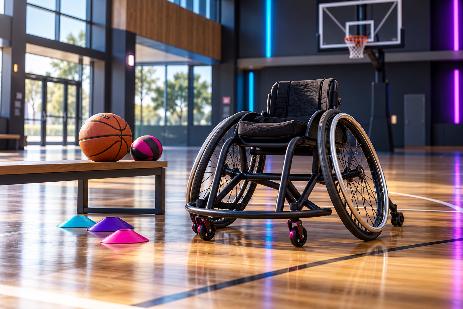 Sports wheelchair, basketballs and colourful training cones on an indoor basketball court.
