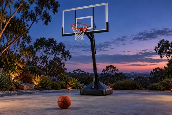 A portable basketball hoop and orange basketball on a clear driveway at dusk, surrounded by eucalyptus trees.