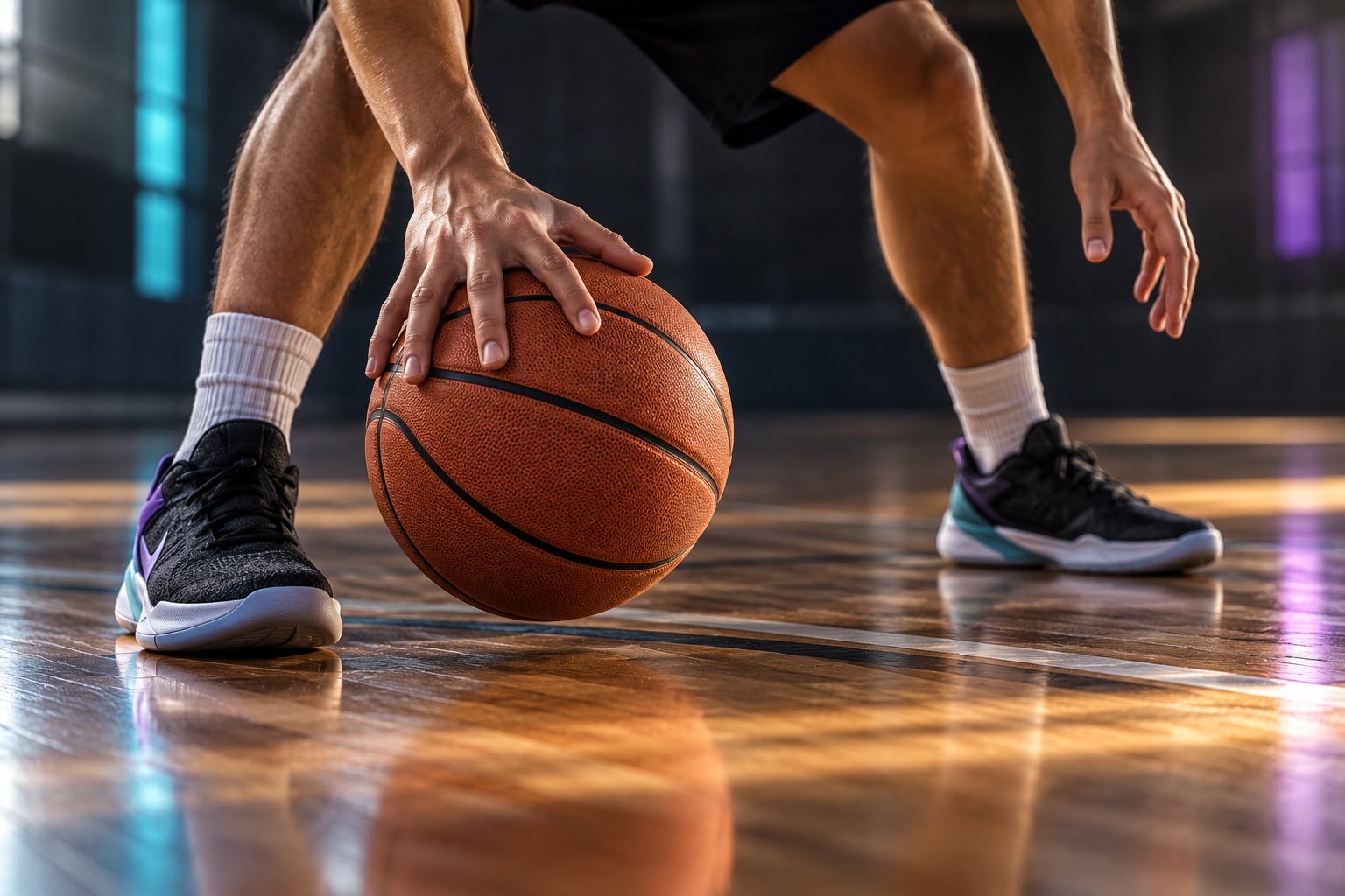 Illustrative close view of an anonymous adult handling a basketball near their trainers