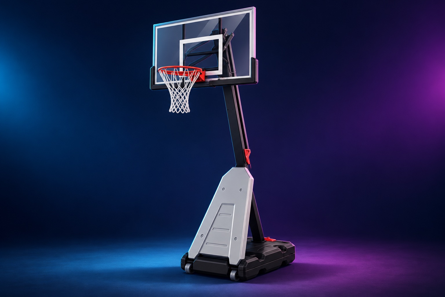 Illustration of the Under Armour 54 Heat Check portable basketball hoop, with a clear backboard, red rim and grey rebound panel.